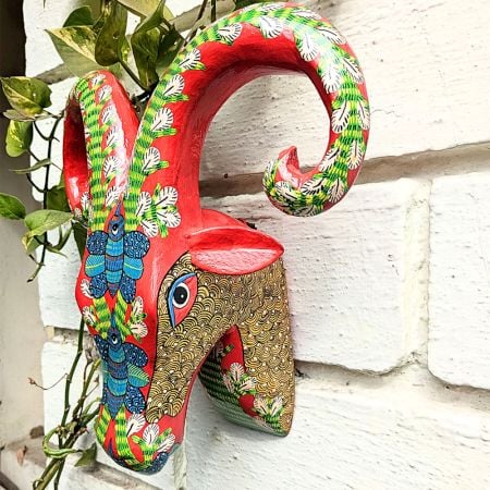 Red Ram Head Handcrafted Wooden Wall Art